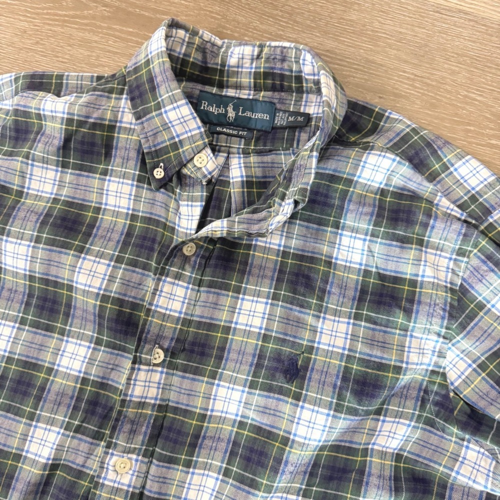 Ralph Lauren Button Down Shirt Mens Medium Green Blue Plaid‎ Classic Fit Cotton